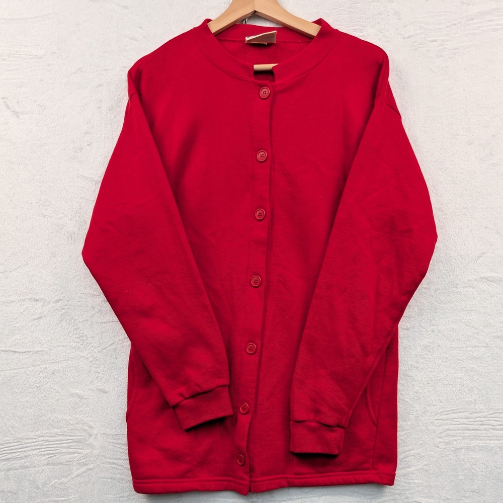 VTG Pleasant Shade Cardigan Women Medium Red Fleece Pockets Grandma Core 80s